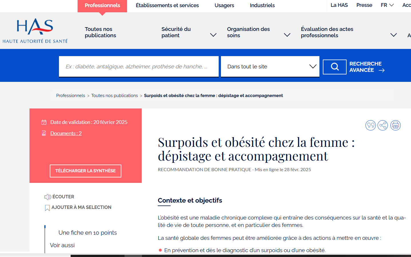 Les recommandations HAS pour le dépistage et l’accompagnement des femmes en situation de surpoids ou d’obésité est en ligne !